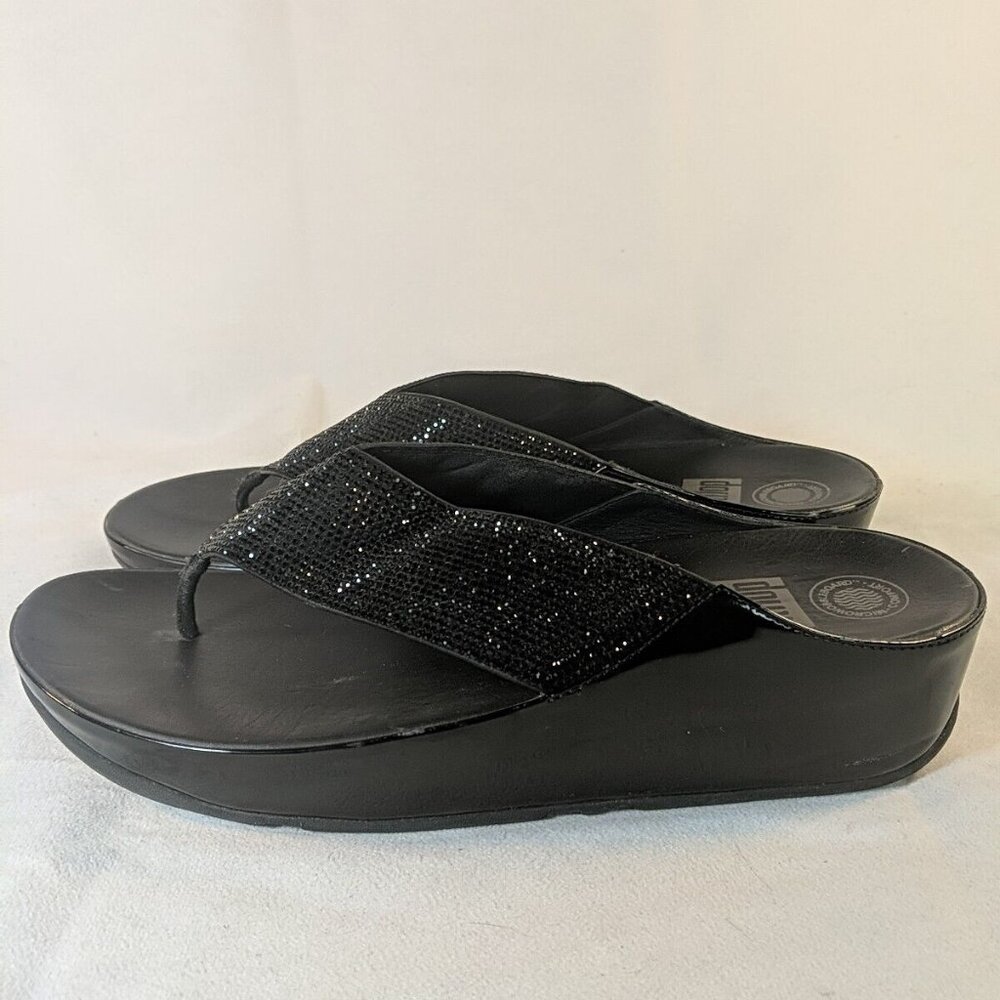 Fit Flops Black Gemstone Sparkly Flip Sandals Womens US 10 J58-001 Patent Thong